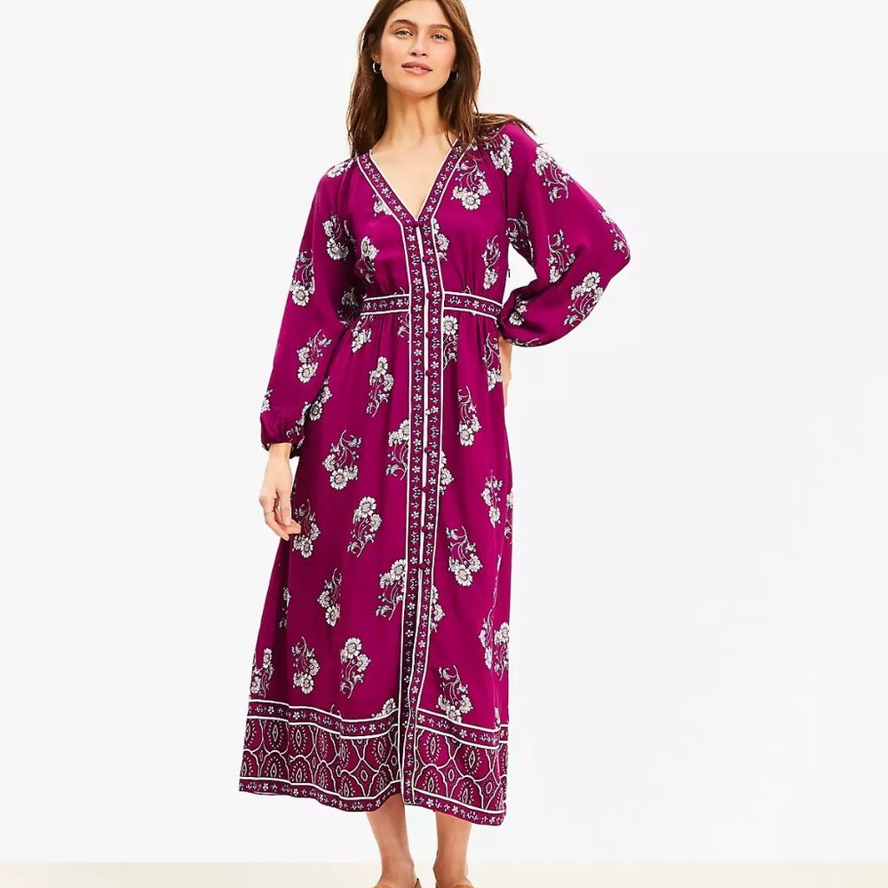 NWT Loft Petite Floral Puff Sleeve Button Midi Dress 00P